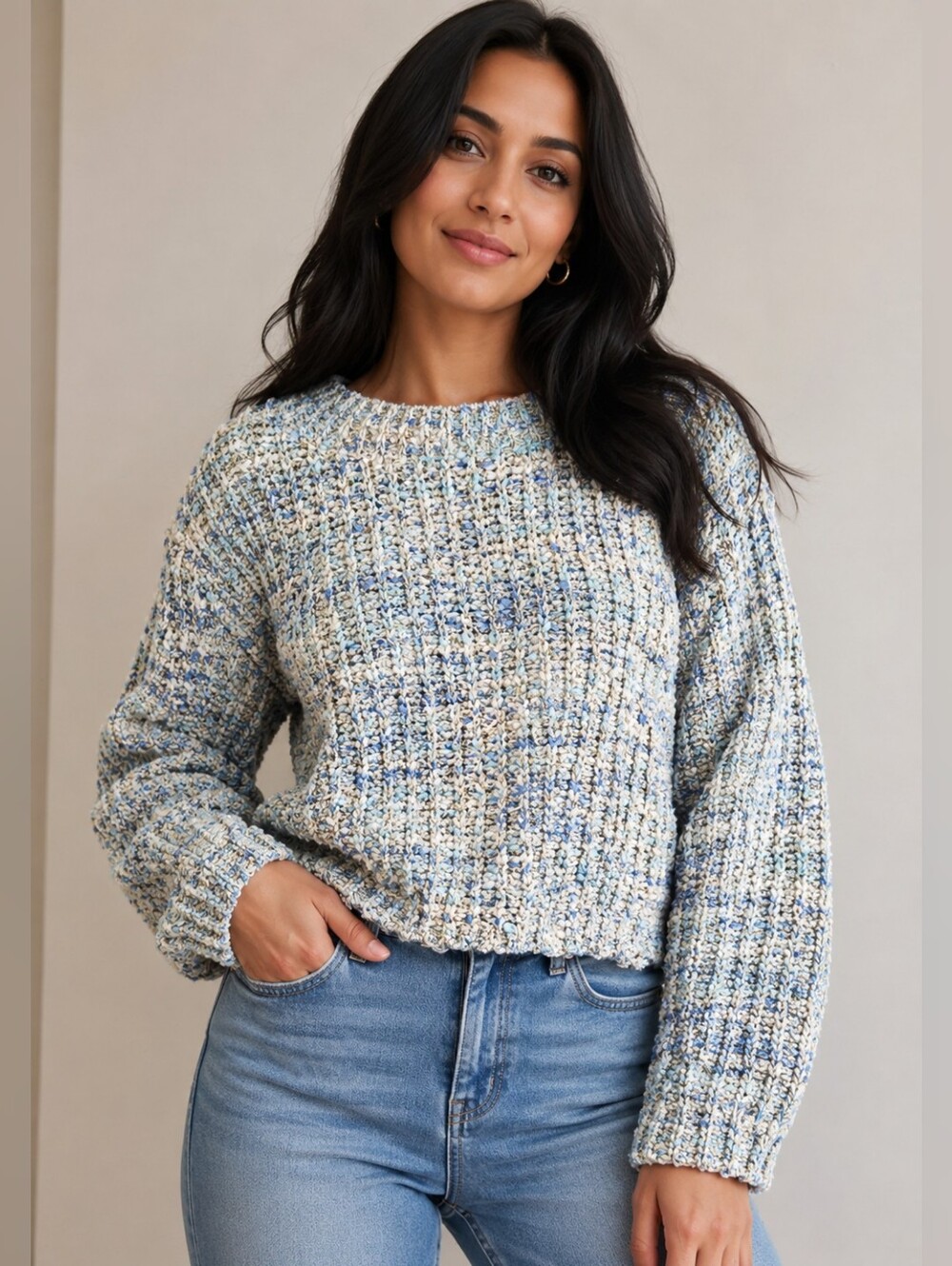 RAGA Blue Cream Gold Metallic Textured Knit Sweater